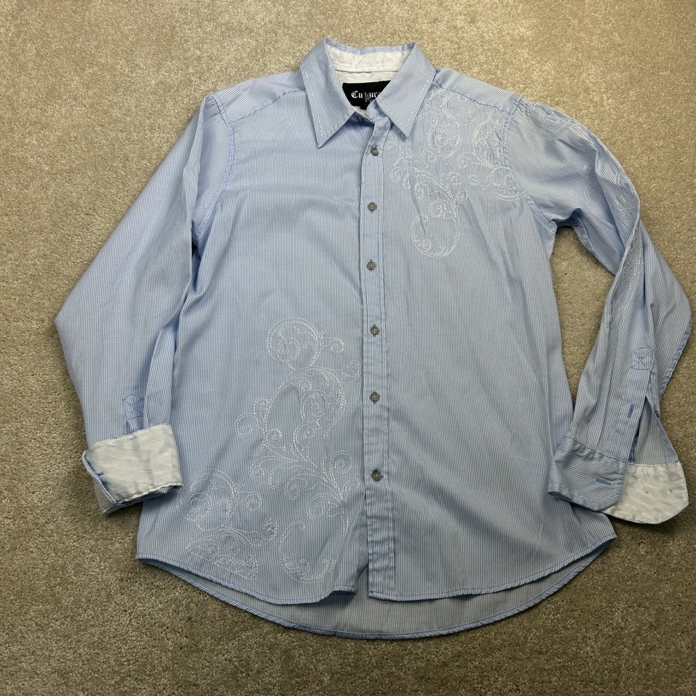 Cultura Embroidered Pinstripe Button Up M Blue Long Sleeve Western Y2K Gothic